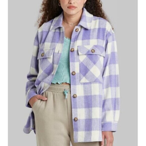 WILD FABLE Lilac Lavender Purple Cream Ivory Plaid Oversized Fit Shacket Jacket - Picture 1 of 16